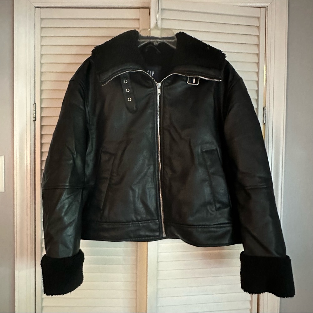 Gap Black Faux Leather Jacket with Shearling Trim Medium
